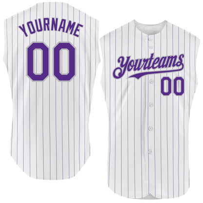 Custom White Purple Pinstripe Gray Authentic Sleeveless Baseball Jersey - Sky-Custom