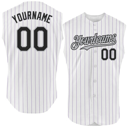 Custom White Purple Pinstripe Black-Gray Authentic Sleeveless Baseball Jersey - Sky-Custom