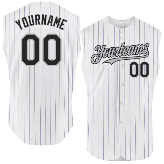 Custom White Purple Pinstripe Black-Gray Authentic Sleeveless Baseball Jersey - Sky-Custom