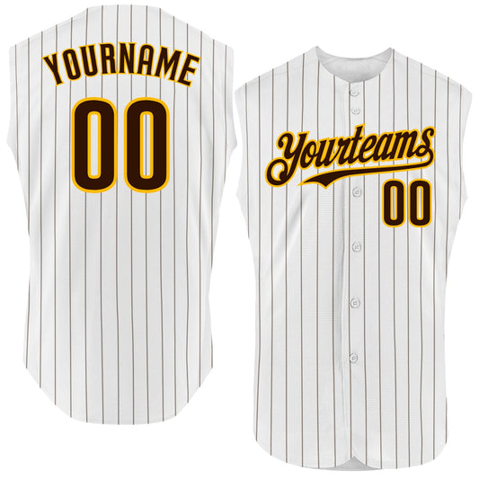 Custom White Brown Pinstripe Gold Authentic Sleeveless Baseball Jersey - Sky-Custom