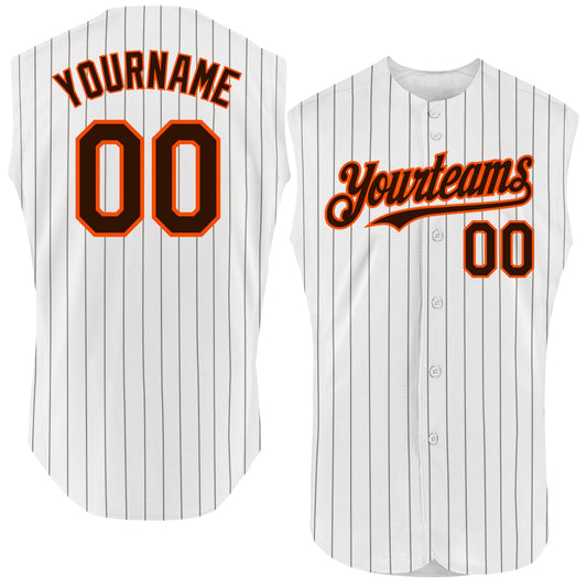 Custom White Brown Pinstripe Orange Authentic Sleeveless Baseball Jersey - Sky-Custom