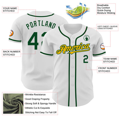 Custom White Green-Gold Authentic Baseball Jersey - Sky-Custom