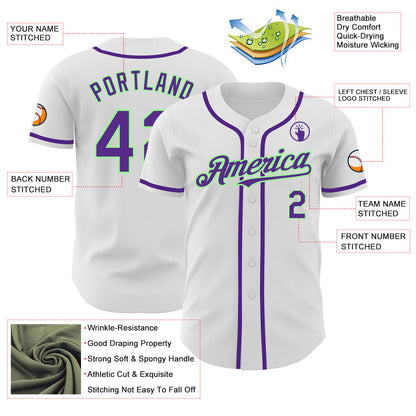 Custom White Purple-Pea Green Authentic Baseball Jersey - Sky-Custom