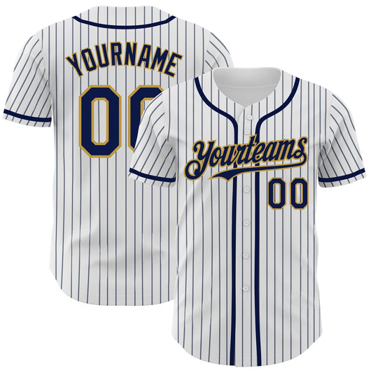Custom White Navy Pinstripe Old Gold Authentic Baseball Jersey - Sky-Custom