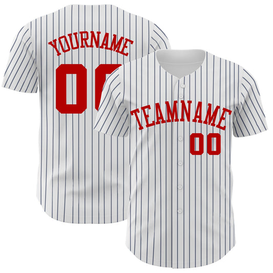 Custom White Navy Pinstripe Red Authentic Baseball Jersey - Sky-Custom