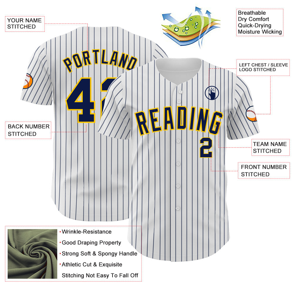 Custom White Navy Pinstripe Yellow Authentic Baseball Jersey - Sky-Custom