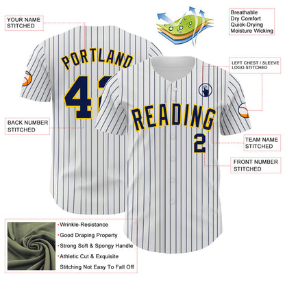 Custom White Navy Pinstripe Yellow Authentic Baseball Jersey - Sky-Custom