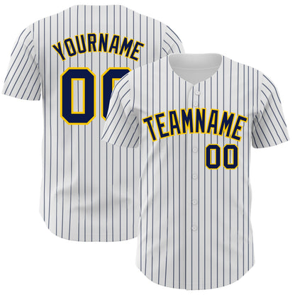 Custom White Navy Pinstripe Yellow Authentic Baseball Jersey - Sky-Custom