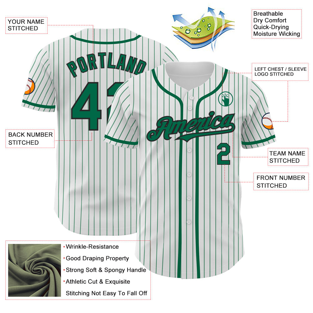 Custom White Kelly Green Pinstripe Black Authentic Baseball Jersey - Sky-Custom