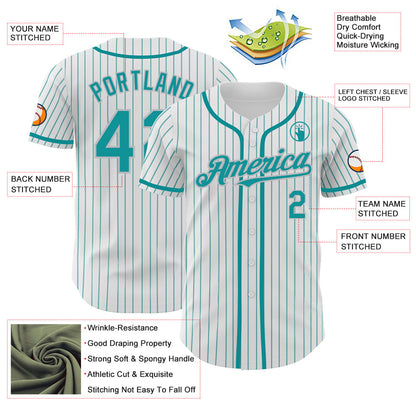 Custom White Teal Pinstripe Gray Authentic Baseball Jersey - Sky-Custom
