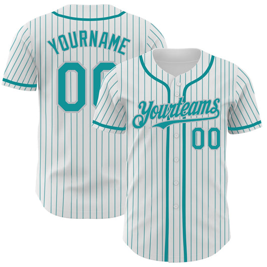 Custom White Teal Pinstripe Gray Authentic Baseball Jersey - Sky-Custom