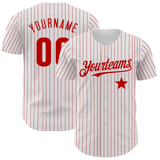 Custom White Red Pinstripe Authentic Red Star Baseball Jersey - Sky-Custom