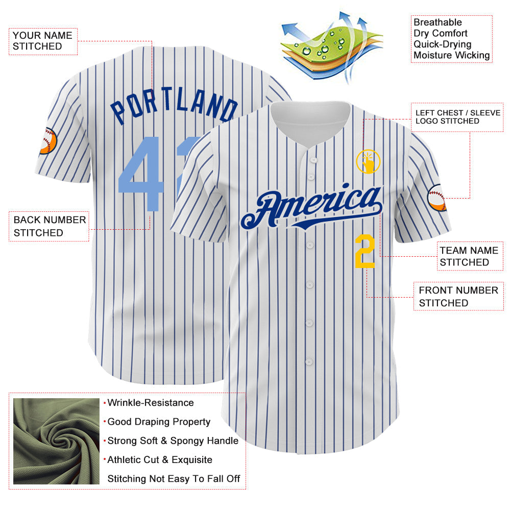 Custom White Royal Pinstripe Light Blue-Yellow Authentic Baseball Jersey - Sky-Custom