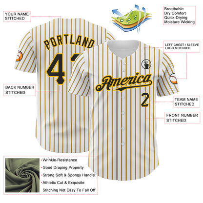 Custom White (Black Gold Pinstripe) Black-Gold Authentic Baseball Jersey - Sky-Custom