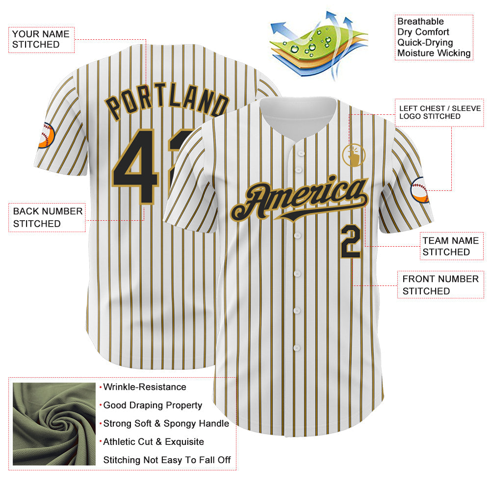 Custom White (Black Old Gold Pinstripe) Black-Old Gold Authentic Baseball Jersey - Sky-Custom
