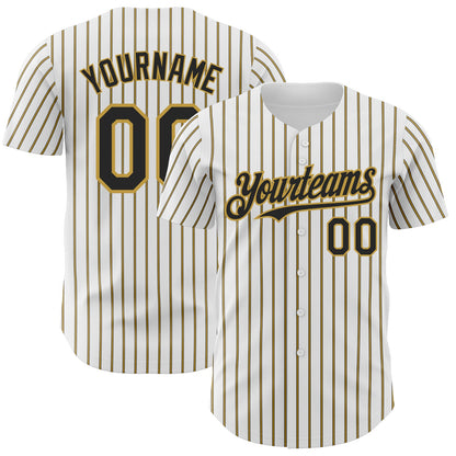 Custom White (Black Old Gold Pinstripe) Black-Old Gold Authentic Baseball Jersey - Sky-Custom
