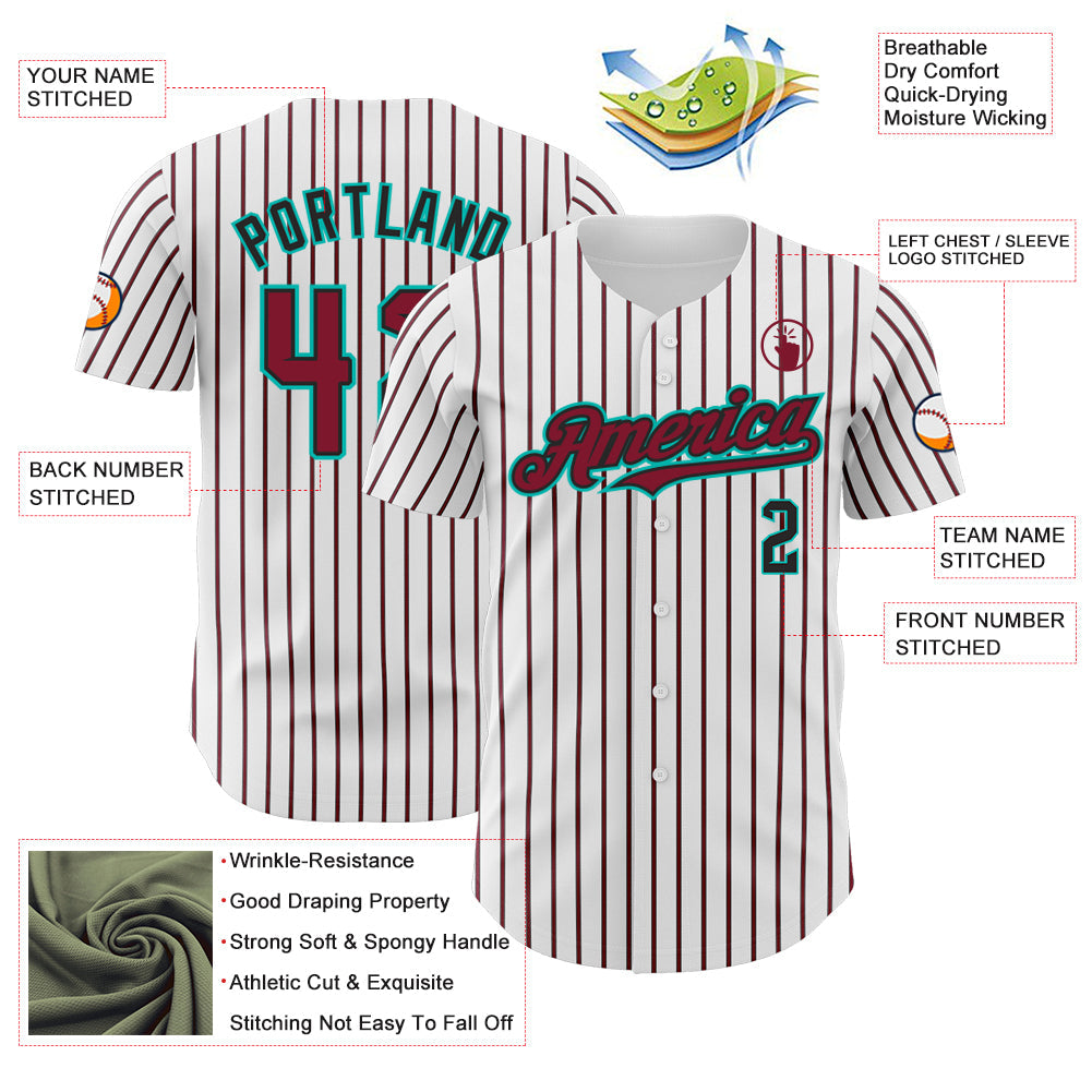 Custom White (Black Crimson Pinstripe) Crimson Black-Aqua Authentic Baseball Jersey - Sky-Custom