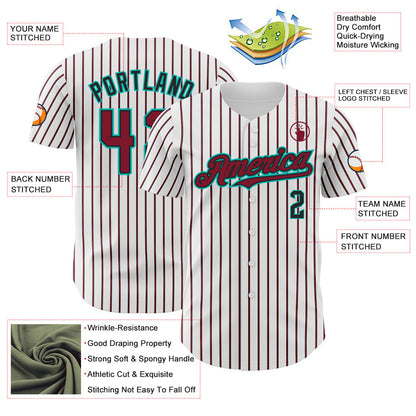 Custom White (Black Crimson Pinstripe) Crimson Black-Aqua Authentic Baseball Jersey - Sky-Custom