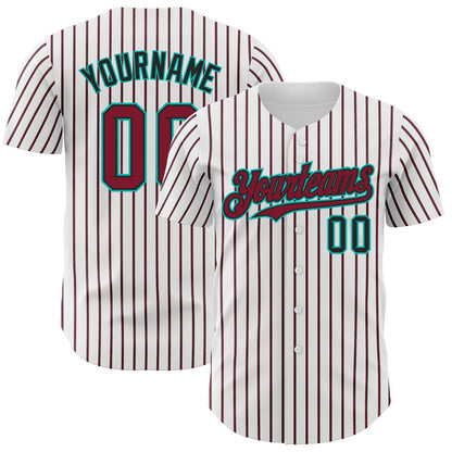Custom White (Black Crimson Pinstripe) Crimson Black-Aqua Authentic Baseball Jersey - Sky-Custom