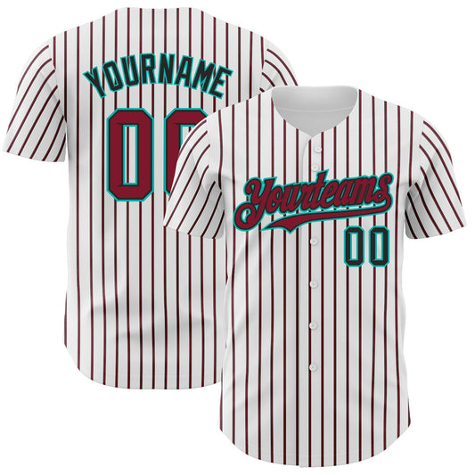 Custom White (Black Crimson Pinstripe) Crimson Black-Aqua Authentic Baseball Jersey - Sky-Custom