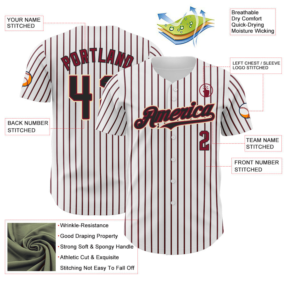 Custom White (Black Crimson Pinstripe) Black Crimson-Cream Authentic Baseball Jersey - Sky-Custom