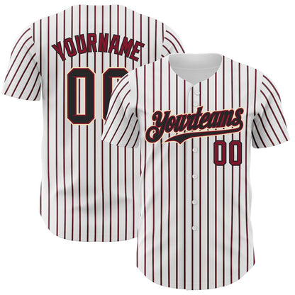 Custom White (Black Crimson Pinstripe) Black Crimson-Cream Authentic Baseball Jersey - Sky-Custom