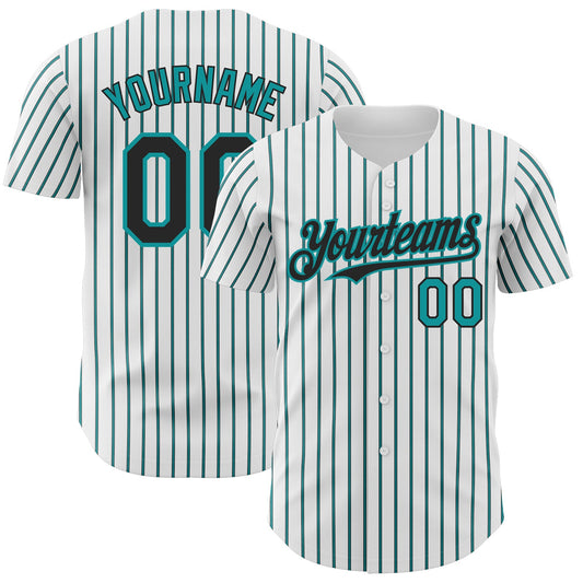 Custom White (Black Teal Pinstripe) Black-Teal Authentic Baseball Jersey - Sky-Custom