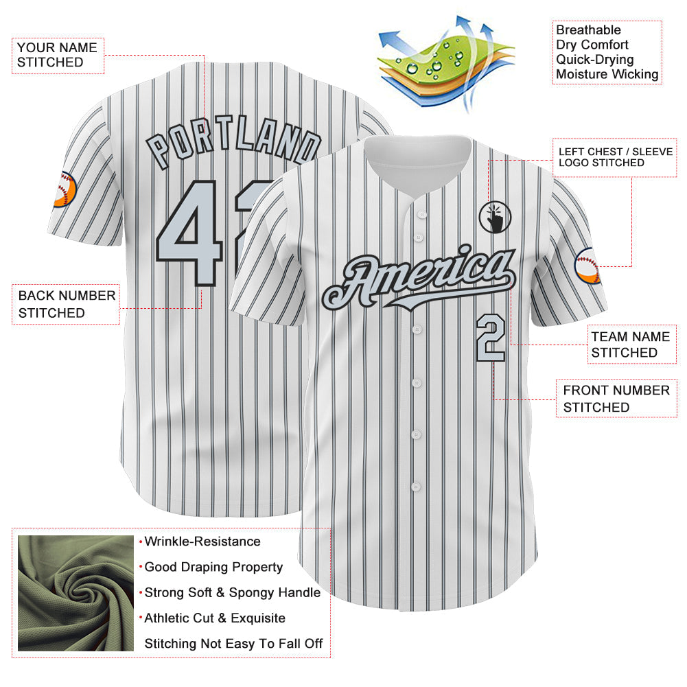 Custom White (Black Silver Pinstripe) Silver-Black Authentic Baseball Jersey - Sky-Custom