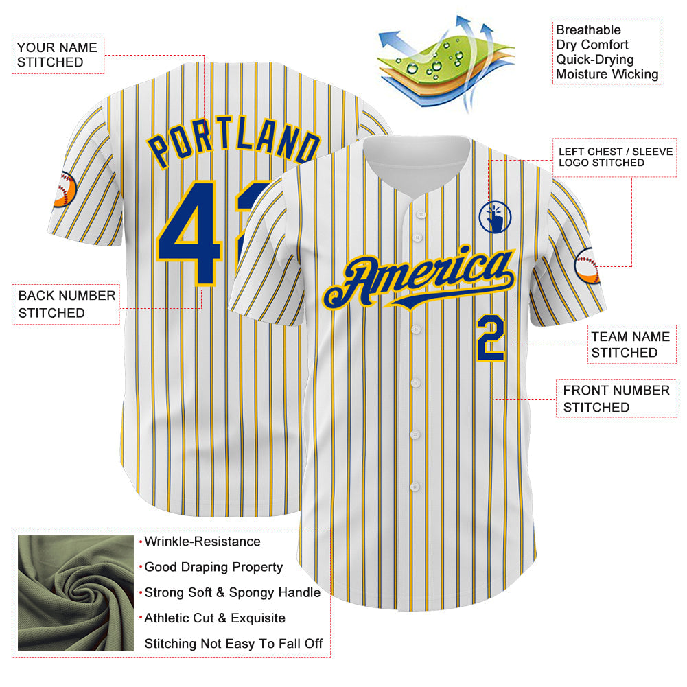 Custom White (Royal Yellow Pinstripe) Royal-Yellow Authentic Baseball Jersey - Sky-Custom