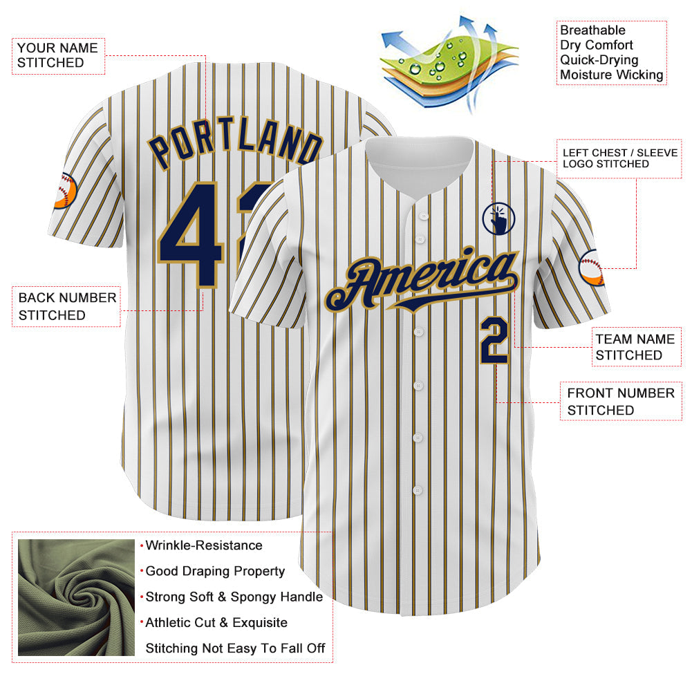 Custom White (Navy Old Gold Pinstripe) Navy-Old Gold Authentic Baseball Jersey - Sky-Custom