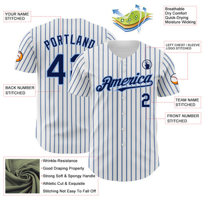 Custom White (Navy Light Blue Pinstripe) Navy-Light Blue Authentic Baseball Jersey - Sky-Custom