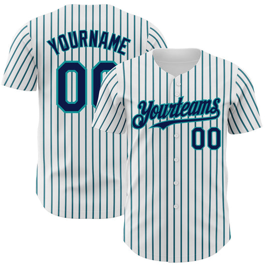 Custom White (Navy Teal Pinstripe) Navy-Teal Authentic Baseball Jersey - Sky-Custom