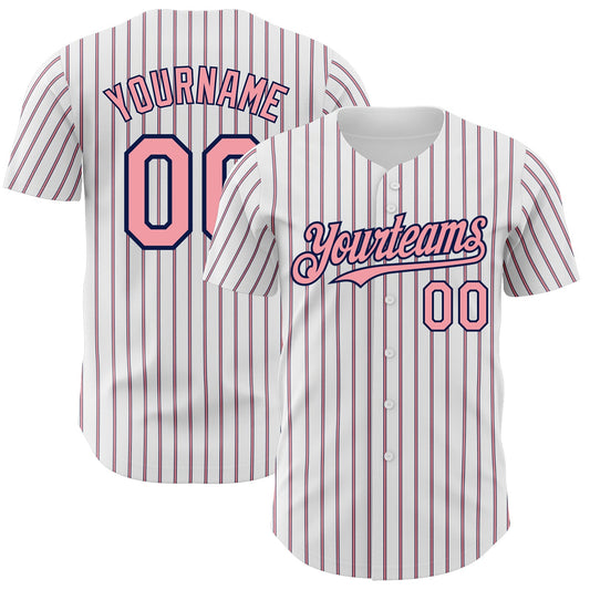 Custom White (Navy Medium Pink Pinstripe) Medium Pink-Navy Authentic Baseball Jersey - Sky-Custom