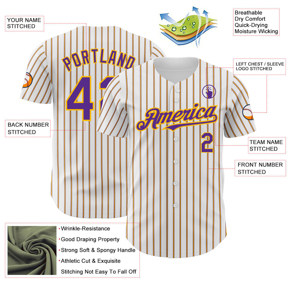 Custom White (Purple Gold Pinstripe) Purple-Gold Authentic Baseball Jersey - Sky-Custom