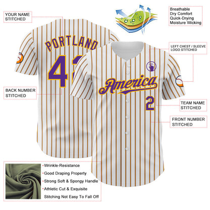 Custom White (Purple Gold Pinstripe) Purple-Gold Authentic Baseball Jersey - Sky-Custom