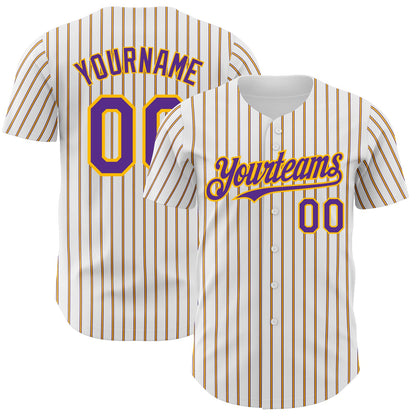 Custom White (Purple Gold Pinstripe) Purple-Gold Authentic Baseball Jersey - Sky-Custom
