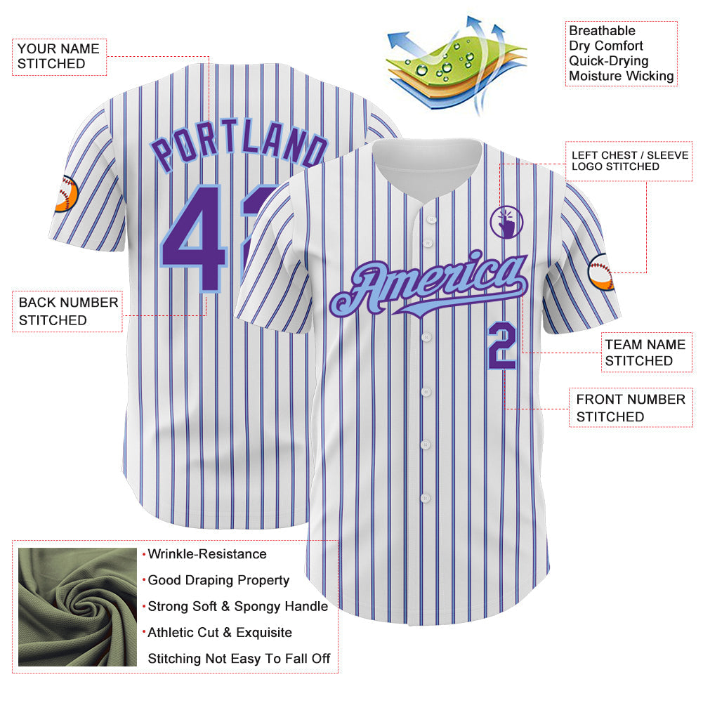 Custom White (Purple Light Blue Pinstripe) Purple-Light Blue Authentic Baseball Jersey - Sky-Custom