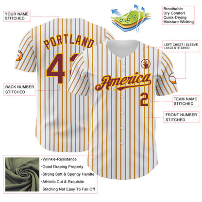 Custom White (Burgundy Gold Pinstripe) Burgundy-Gold Authentic Baseball Jersey - Sky-Custom