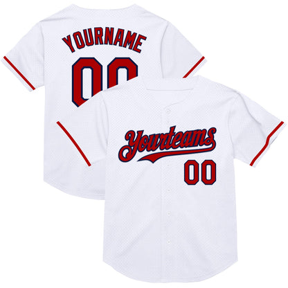 Custom White Red-Navy Mesh Authentic Throwback Baseball Jersey - Sky-Custom