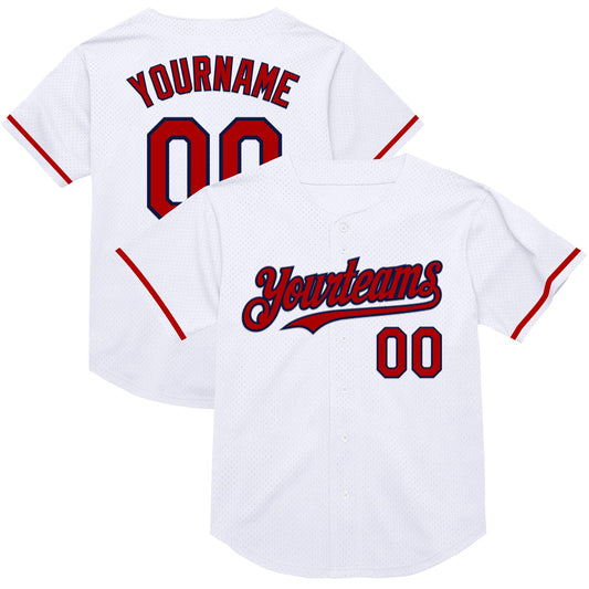 Custom White Red-Navy Mesh Authentic Throwback Baseball Jersey - Sky-Custom