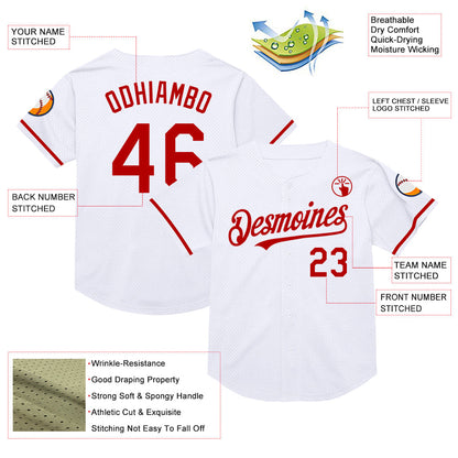 Custom White Red Mesh Authentic Throwback Baseball Jersey - Sky-Custom