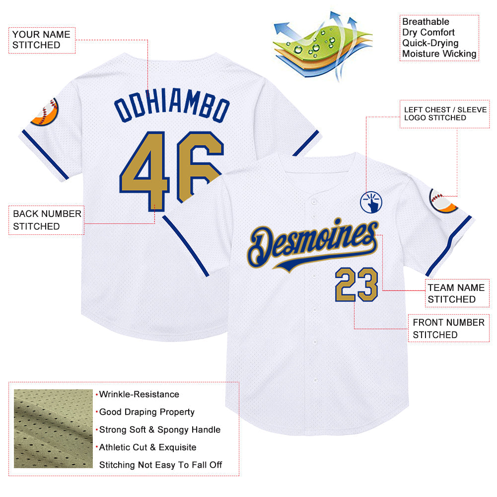 Custom White Old Gold-Royal Mesh Authentic Throwback Baseball Jersey - Sky-Custom