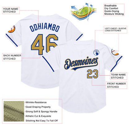 Custom White Old Gold-Royal Mesh Authentic Throwback Baseball Jersey - Sky-Custom