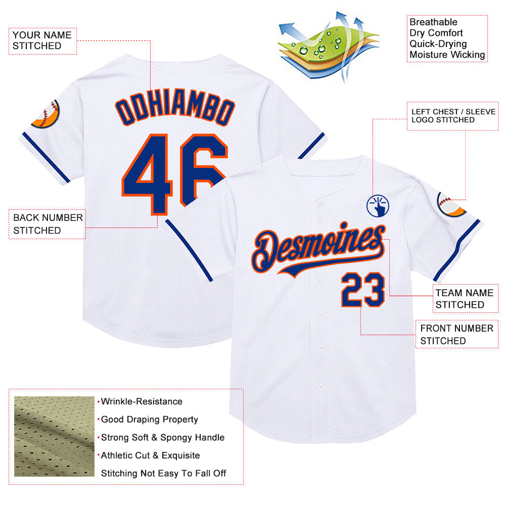 Custom White Royal-Orange Mesh Authentic Throwback Baseball Jersey - Sky-Custom