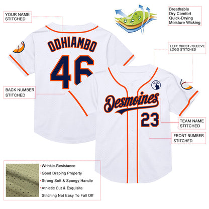 Custom White Navy-Orange Mesh Authentic Throwback Baseball Jersey - Sky-Custom