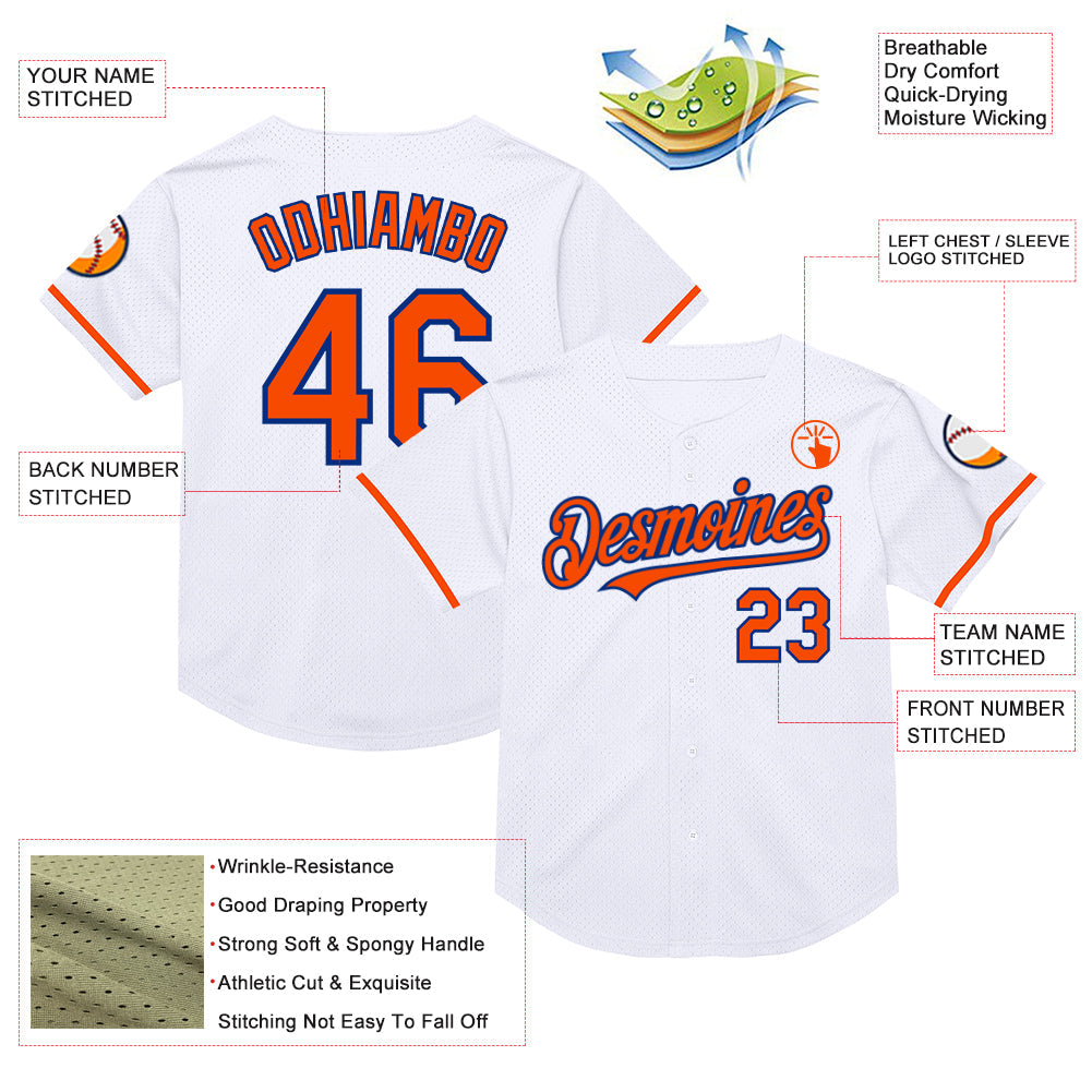 Custom White Orange-Royal Mesh Authentic Throwback Baseball Jersey - Sky-Custom