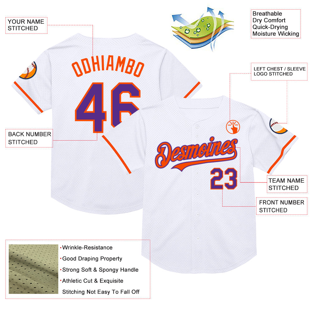 Custom White Purple-Orange Mesh Authentic Throwback Baseball Jersey - Sky-Custom