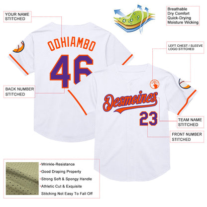 Custom White Purple-Orange Mesh Authentic Throwback Baseball Jersey - Sky-Custom
