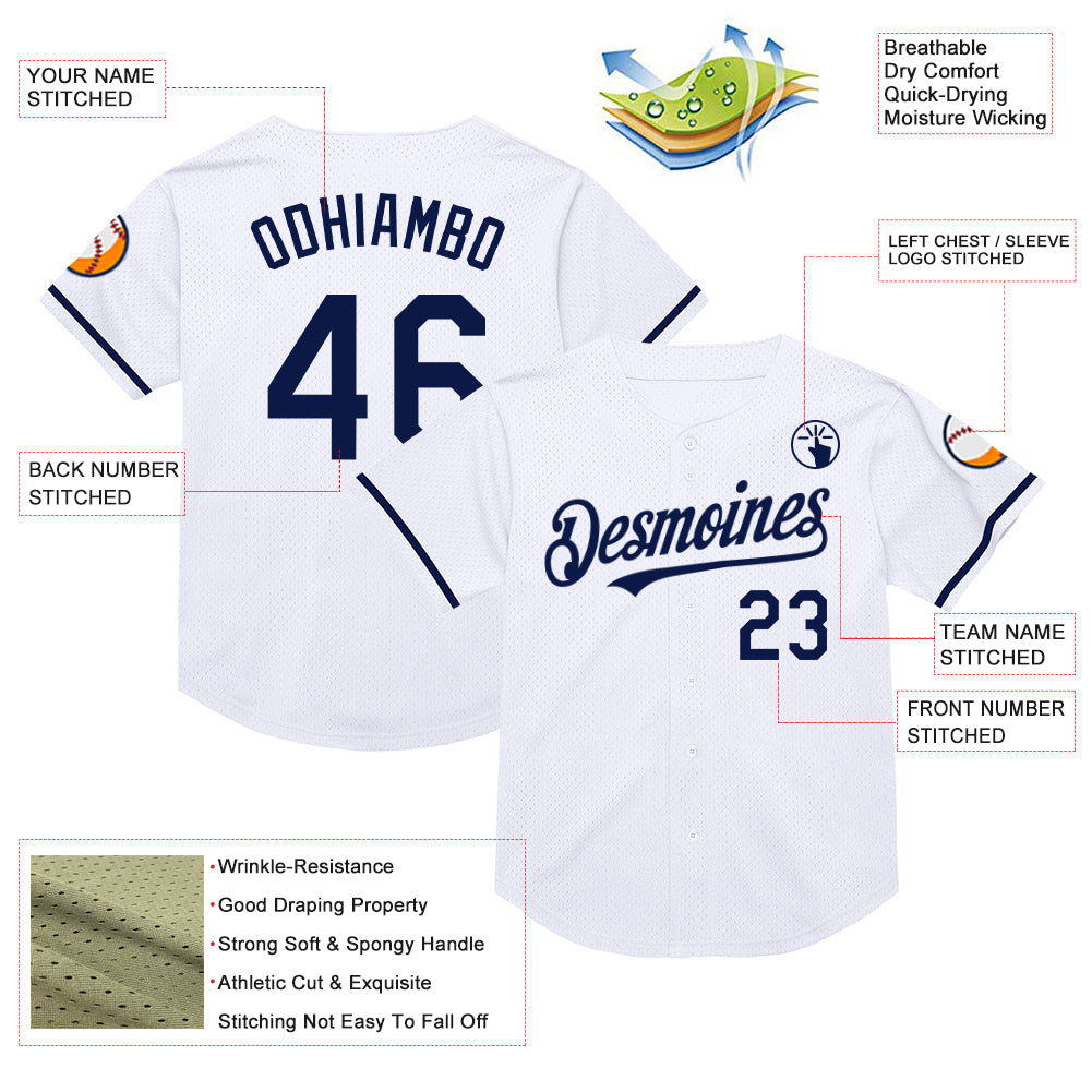 Custom White Navy Mesh Authentic Throwback Baseball Jersey - Sky-Custom