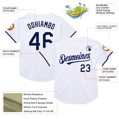Custom White Navy Mesh Authentic Throwback Baseball Jersey - Sky-Custom